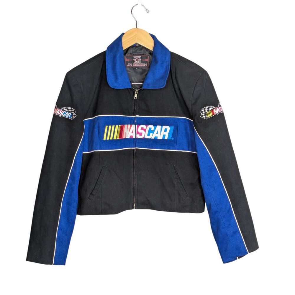 EUC Vintage Women's XL NASCAR Racking Jacket JH Design Cotton Blue Black Cropped